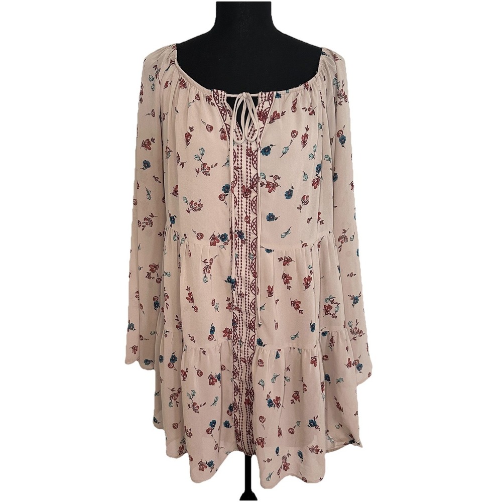 Women's Taupe Tan Floral Semi Sheer Boho Hippie Tiered‎ Mini Dress XL